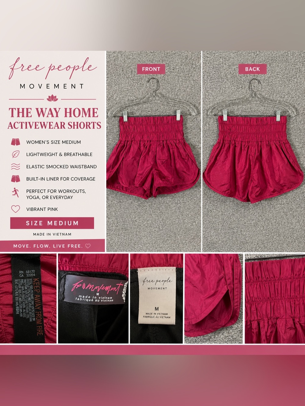 Free People Hot Pink Smocked-Waist Runaway Home Athletic Shorts